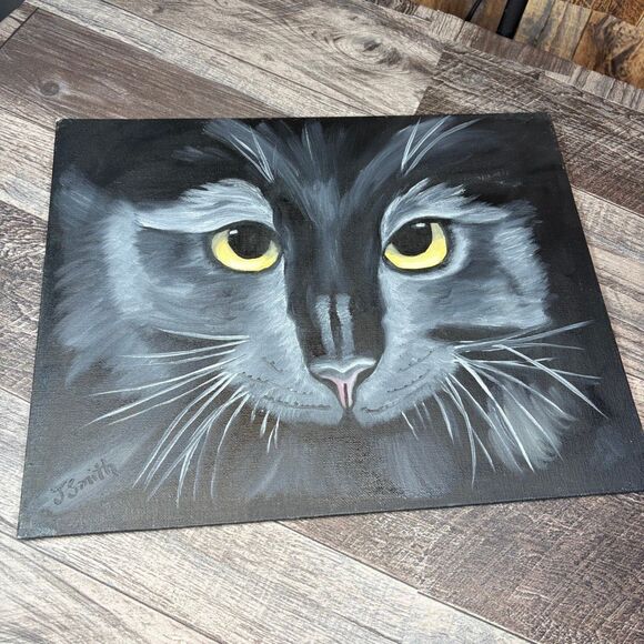Original Black Cat Painting on Canvas — Yellow Eyes — Signed “J. Smith” - Picture 1 of 5